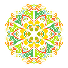 Symmetric round mandala ornament. Festive circle kaleidoscope pattern.