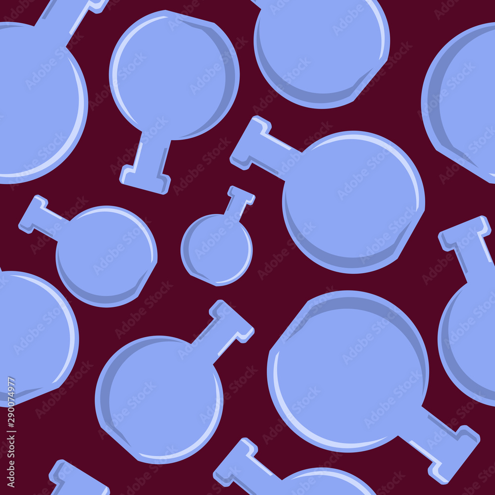 Poster modern concept seamless poster with randomly located lilac bottles pattern at burgundy background.