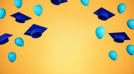Education and graduation concept with blue academic caps and balloons with yellow space for your...