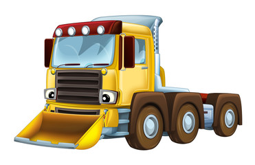 cartoon scene with cargo truck looking and smiling with snow plow on white background - illustration for children