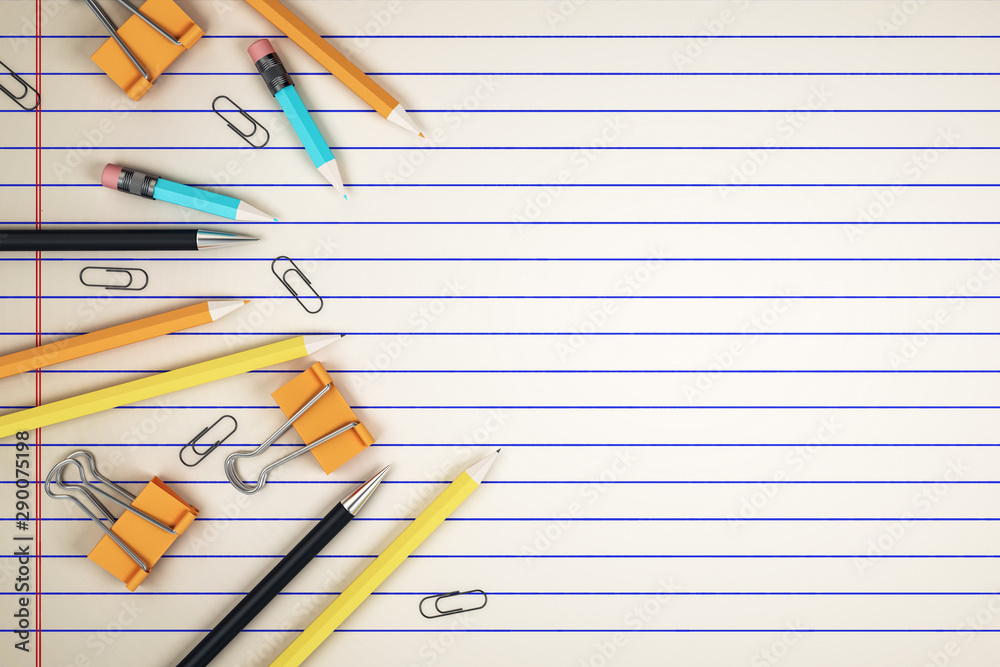 Poster education concept with stationery on notebook with spaced pages and place for your logo or text.