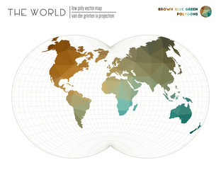 Vector map of the world. Van der Grinten IV projection of the world. Brown Blue Green colored polygons. Energetic vector illustration.