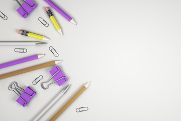 Education concept with purple clips and pencils at light blank background for copyspace, mock up.