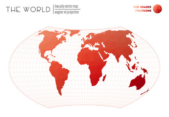 Abstract geometric world map. Wagner VII projection of the world. Red Shades colored polygons. Neat vector illustration.