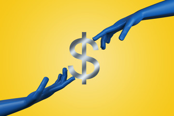 Earning currency concept with reaching plastic blue hands and dollar sign at yellow background.