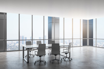 Contemporary boarding room interior with city view