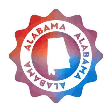 Alabama low poly logo. Colorful gradient travel logo of the us state in geometric style. Multicolored polygonal Alabama rounded sign with map for your infographics.