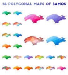 Set of vector polygonal maps of Samos. Bright gradient map of island in low poly style. Multicolored Samos map in geometric style for your infographics.