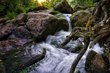 Water flowing in between rocks