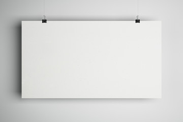 Blank white mock up minimalistic cardboard paper list with stationery clips at light background.