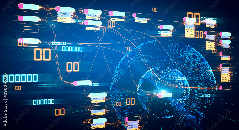 Aufkleber Block chain network and programming concept with futuistic infographic at digital world map background.