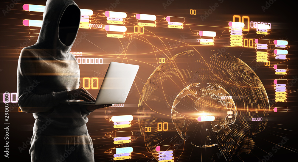 Aufkleber Internet security concept with hacker at digital map with node tree and world map background.