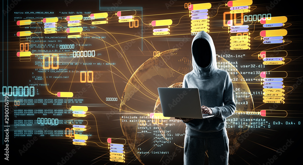 Aufkleber Internet security concept with no face hacker at digital map with node tree and world map background.