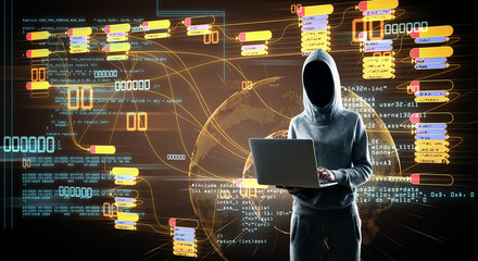 Internet security concept with no face hacker at digital map with node tree and world map...