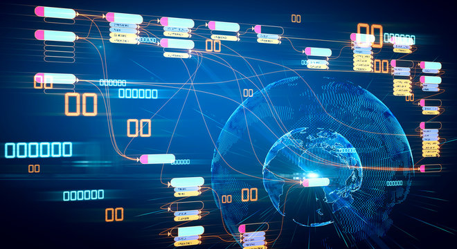 Block chain network and programming concept with futuistic infographic at digital world map background.