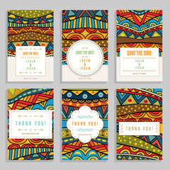 Six bright cards with ethnic ornaments. Collection of romantic wedding and thank you cards with boho patterns. - 290076974