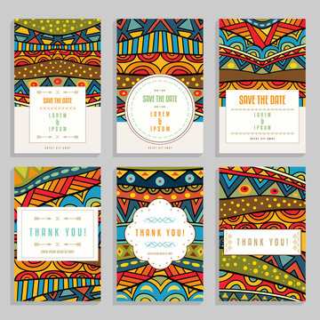 Six bright cards with ethnic ornaments. Collection of romantic wedding and thank you cards with boho patterns.