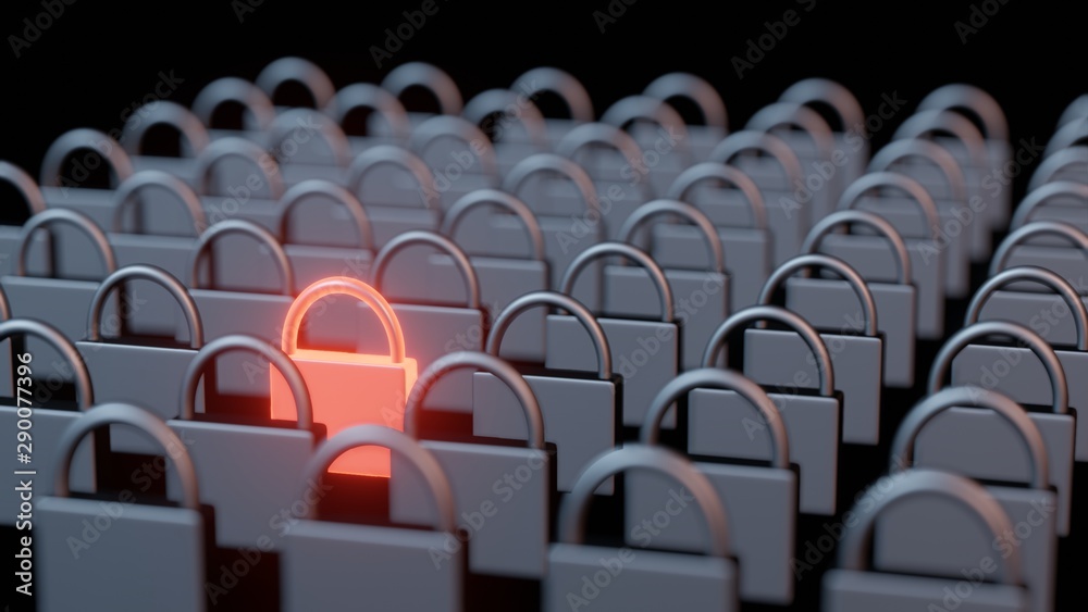 Wall mural 3d rendering of rows and columns of steel iron pad locks with one stand out in glowing red hot metal