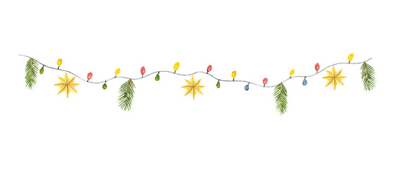 Watercolor vector Christmas colorful garland with lights, fir branches and snowflakes.
