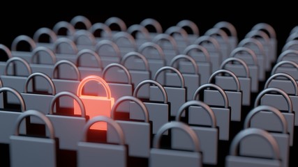 3D Rendering of rows and columns of steel iron pad locks with one stand out in glowing red hot metal. Blur depth of field effect. Concept of security concern. Cyber attack, hacking, privacy,  threat.