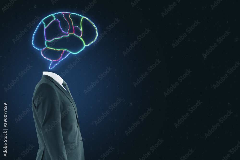 Poster ai concept with headless businessman and digital colorful brain picture at dark background.