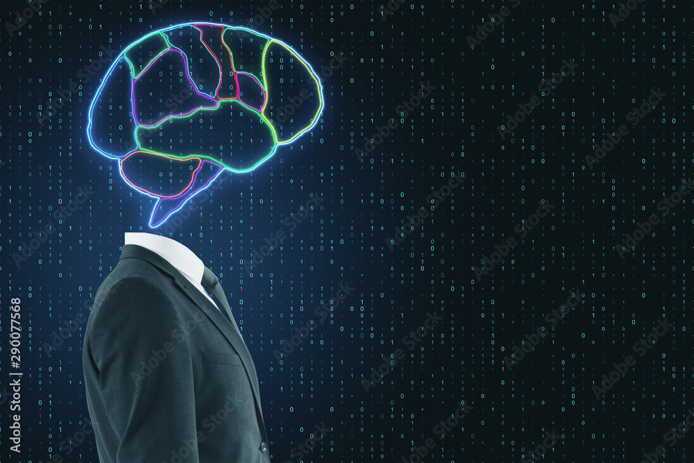 Poster AI concept with headless businessman and digital colorful brain picture at binary code background.
