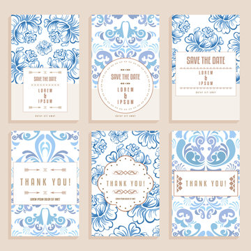 Six cards with blue baroque ornaments. Collection of romantic wedding and thank you cards with revival and vintage roses patterns.