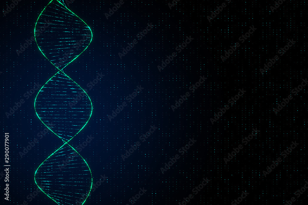 Poster Genetics concept with digital dna spiral and abstract technology background for copyspace.
