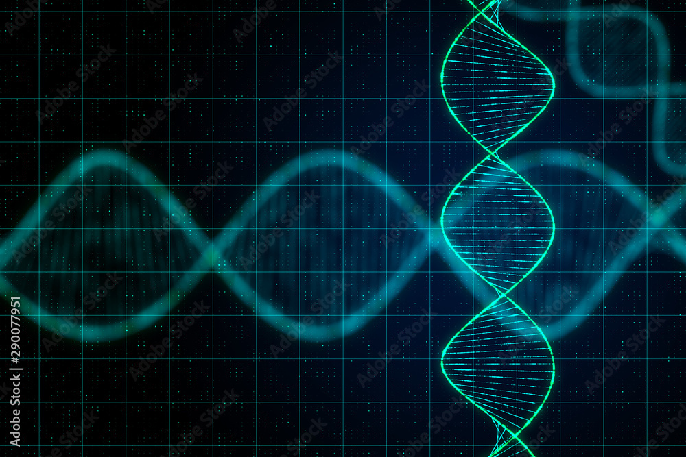Poster science and technology concept with digital dna spiral and abstract technology checkered background.