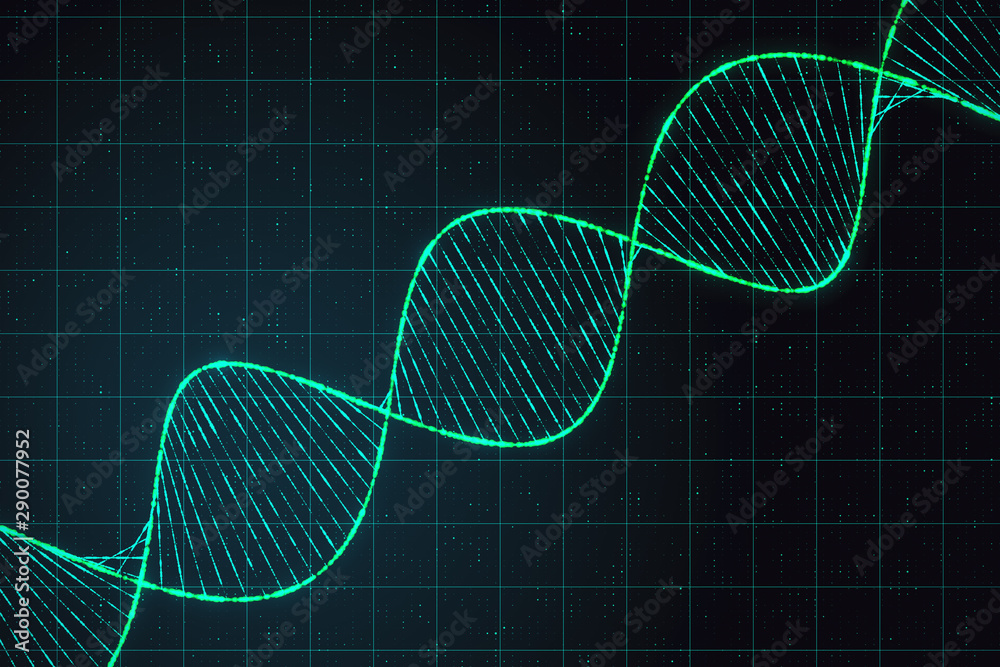 Poster genetics concept with digital dna spiral at abstract checkered background.