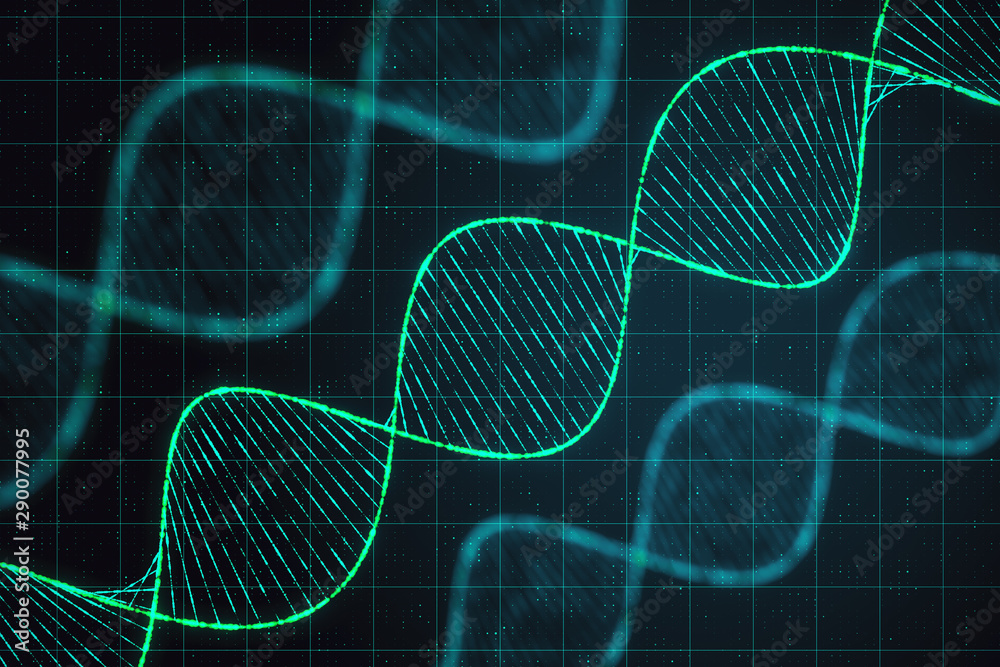 Poster science and technology concept with digital dna spirals at abstract technology checkered background.