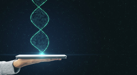 Genetic science and biotechnology concept with human hand with digital tablet and dna spiral.