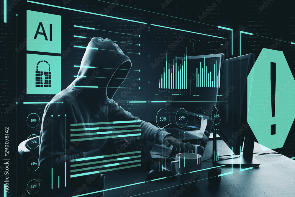 Aufkleber Cyber attack concept with hacker using laptop and digital technology screen with exclamation point.