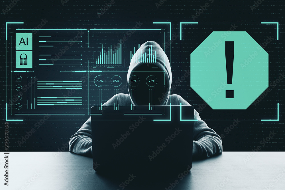 Poster Hacker attack concept with thief using laptop and digital screen with technology security diagram.