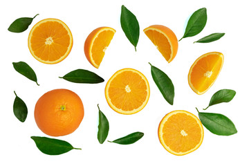Top view of pattern orange fruit cut half and slice with green leaf isolated on white background with clipping path