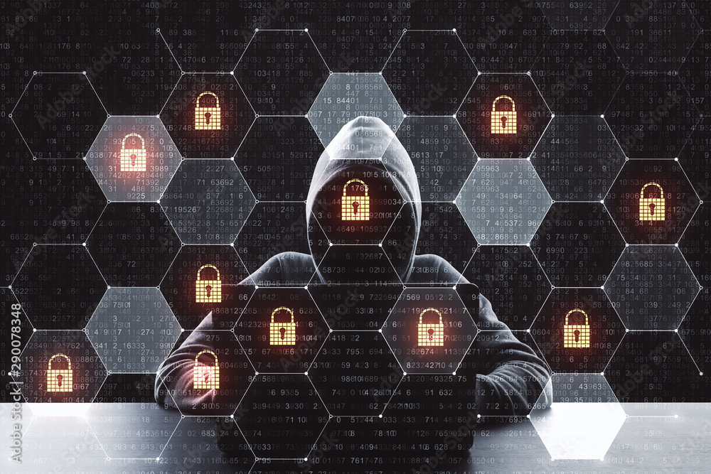 Poster Digital crime concept with hacker using laptop and lock icons in cells.Double exposure.
