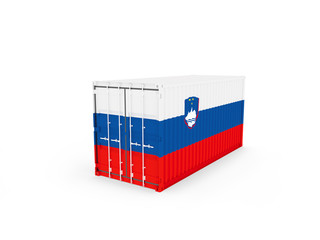 3D Illustration of Cargo Container with Slovenia Flag on white background with shadows. Delivery, transportation, shipping freight transportation.