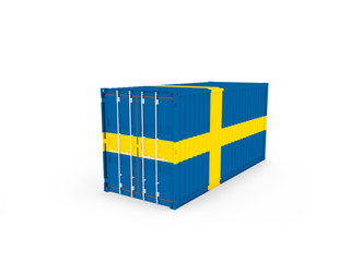 3D Illustration of Cargo Container with Sweden Flag on white background with shadows. Delivery, transportation, shipping freight transportation.