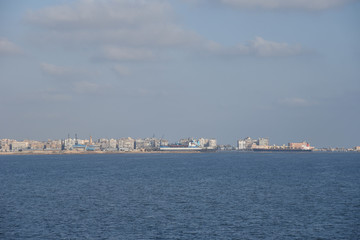 City of Port Said, panorama view from the cargo ship transiting Suez Canal.