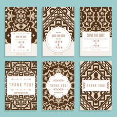 Six cards templates with brown ethnic ornaments. Collection of romantic wedding and thank you cards with contrast boho patterns.