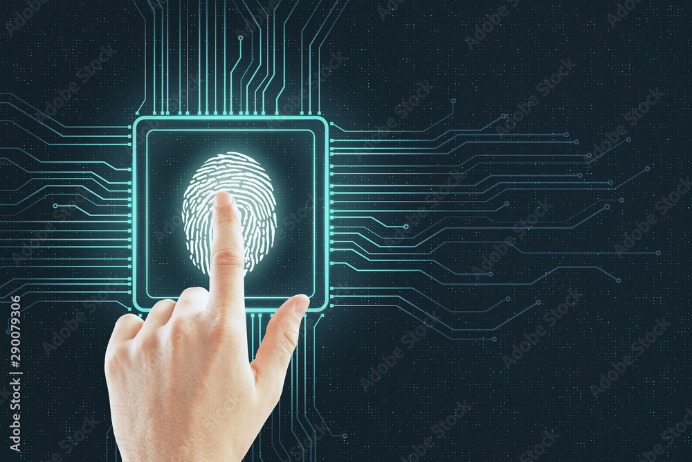 Poster Cyber security concept with human finger touching digital screen with fingerprint scheme and microchip.