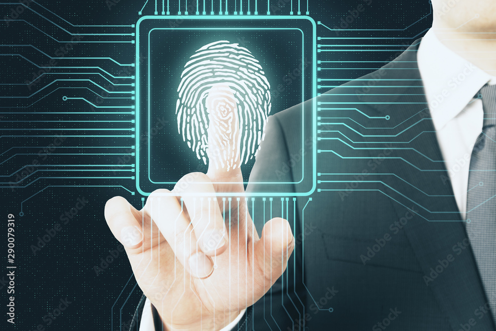 Poster Digital protection concept with digital screen with microchip and fingerprint pushing by businessman.