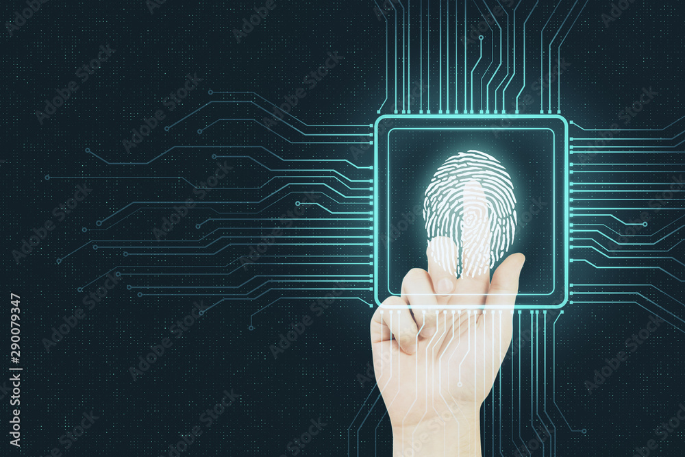 Poster Digital security concept with human finger pushing digital fingerprint in microchip at abstract background.