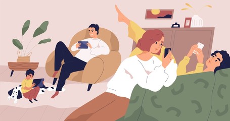 Gadget addiction concept flat vector illustration. Family using portable electronics. Social media networks users. People holding smartphones and tablets. Parents and kids spending time online.