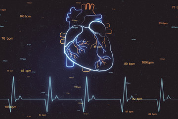 Heart health concept with digital hologram heart layout and pulse line at abstract digital...