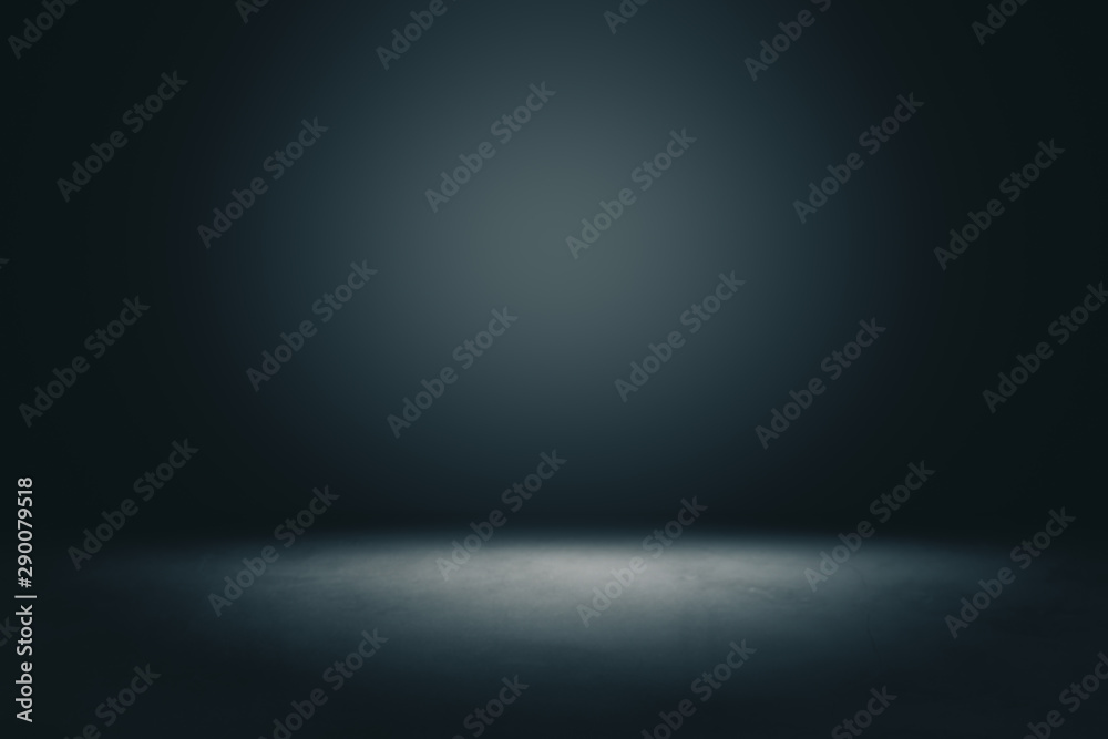 Poster abstract blank dark wall with copyspace and dark stage with spot light from above in empty hall.