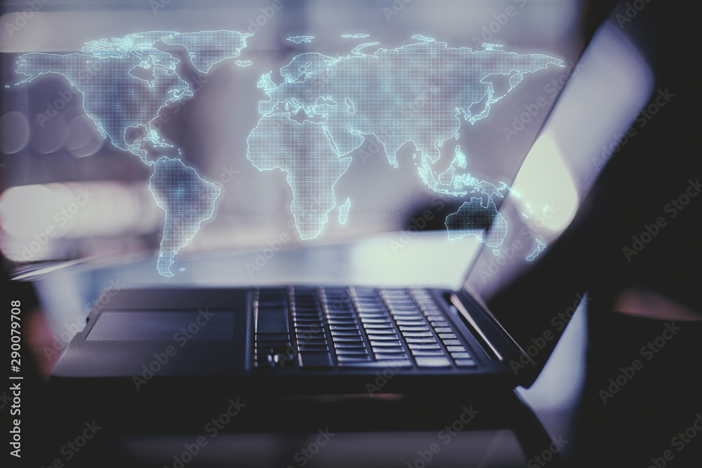 Poster global internet concept with digital world map and laptop with back light effect.