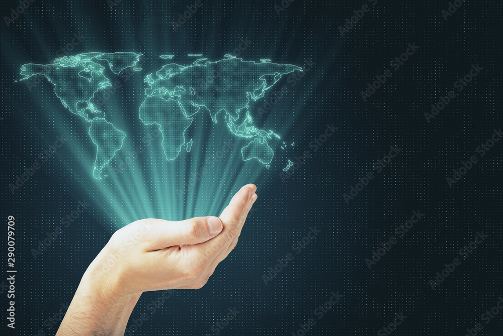 Poster digital globalization concept with digital world map layout above human hand at technology backgroun