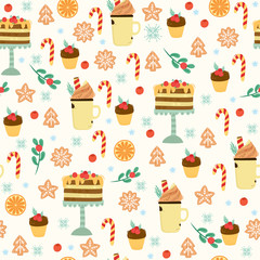 vector seamless pattern with christmas sweets, cake, cookies, cupcake, cocoa, coffee