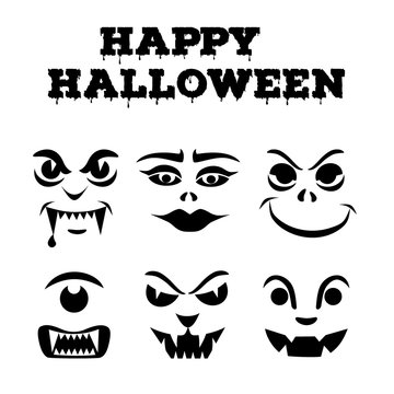 Halloween pumpkins carved faces silhouettes. Funny monsters icons. Template for cut out jack o lantern. Stencil set.